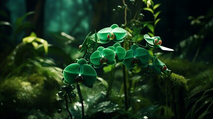 An Obsidian Orchid nestled among a lush bed of emerald-green leaves, showcasing its rich, dark hues.