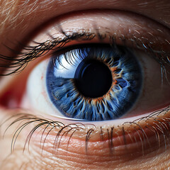 An eye with a blue iris in an impressive vision. Blue eye in macro of incredible beauty and rare characteristic of the pupil in minute details such as muscle fibers.