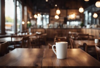 Blurred coffee shop and restaurant interior background with empty wooden table Use for products - obrazy, fototapety, plakaty