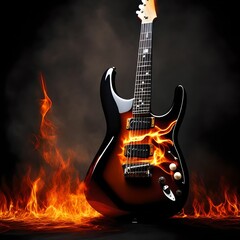 electric guitar in fire - obrazy, fototapety, plakaty