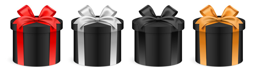 Round shape black gift boxes with colorful ribbons, isolated on background. Realistic cylindrical giftbox set, vector illustration.
