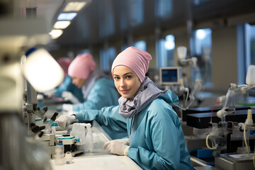 Portraits of female doctor, doctor doing research at research centres, wearing pink headscarf, cancer research, world cancer day 
