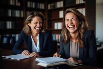 Two female business executives discussing financial legal papers in office at meeting. Smiling female Mature colleagues doing project paperwork overview - obrazy, fototapety, plakaty