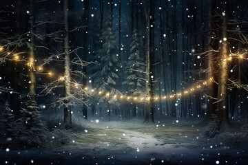 Moody festive Christmas night scene in the woods with Christmas lights and snow