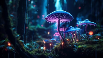 An Orchid Obscura nestled among vibrant, luminescent mushrooms in a fantastical forest, captured in...