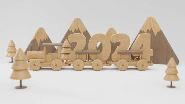 Festive 3d animation of children's wooden toys. A train with trees and mountains. A set of toys and delivery dates of the new year 2024. The idea of Christmas and New Year gifts.