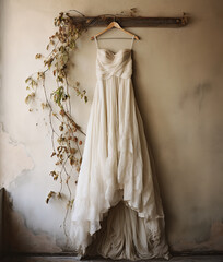 Beautiful white bridal dress on hanger.	