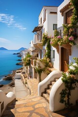 mediterranean coastal town with ocean view, wanderlust and blue sky