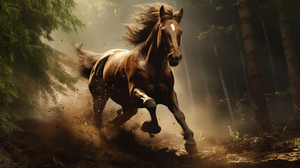 wild horse gallops in the forest. ai generated