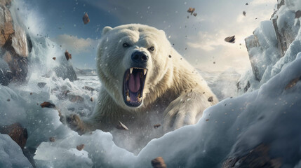 angry polar bear in winter. ai generated