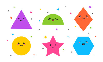 Naklejka premium Cute math figure, geometric shape, cartoon face icon, school child game set, funny emoji. Education character vector illustration