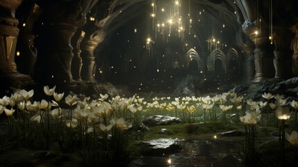 An otherworldly Dreamshade Daffodil garden in a subterranean cavern, illuminated by mystical, glowing crystals.