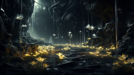 An otherworldly Dreamshade Daffodil garden in a subterranean cavern, illuminated by mystical,...