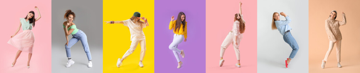 Set of beautiful dancing women on color background