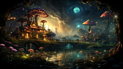 Obraz premium Mystical forest scene with illuminated mushrooms, magical castle, glowing lights, and serene pond reflections.