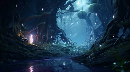 An otherworldly forest, its trees adorned with bioluminescent leaves that emit an ethereal glow in...