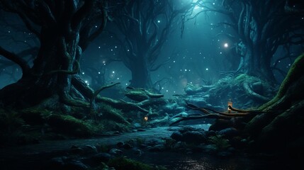 An otherworldly forest, its trees adorned with bioluminescent leaves that emit an ethereal glow in the moonlight.