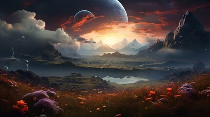 An otherworldly landscape featuring a vast Nebula Nasturtium stretching across the horizon.
