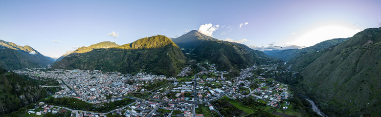 Beautiful aerial view of the Ecuadorian Andes at sunset. City of Banos.