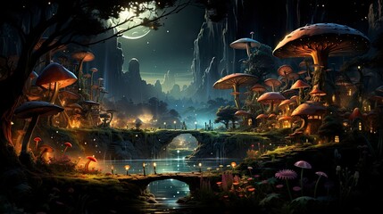 Obraz premium Mystical forest scene with illuminated mushrooms, magical castle, glowing lights, and serene pond reflections.