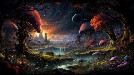 Obraz premium Mystical forest scene with illuminated mushrooms, magical castle, glowing lights, and serene pond reflections.