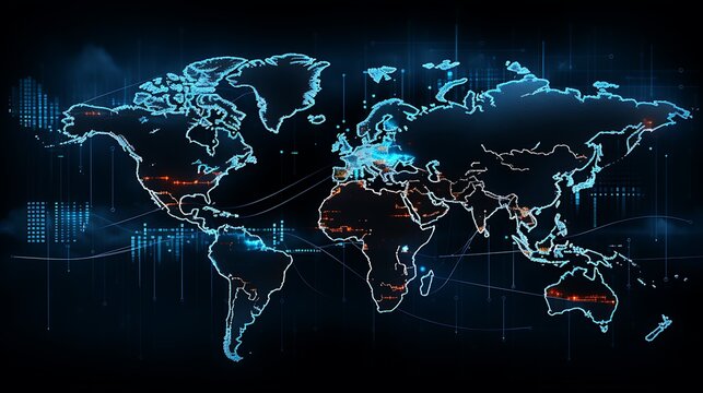modern and minimalist image that symbolizes the global stock market's interconnectedness sleek, digital world map with nodes and lines representing international trade and stock exchanges