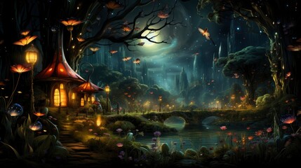 Obraz premium Mystical forest scene with illuminated mushrooms, magical castle, glowing lights, and serene pond reflections.