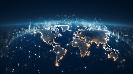 Fototapeta premium modern and minimalist image that symbolizes the global stock market's interconnectedness sleek, digital world map with nodes and lines representing international trade and stock exchanges