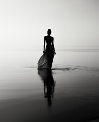 Caminando hacia el Horizonte de Tranquilidad: Una Mujer Solitaria con la Espalda al Mar en una Fotografía en Blanco y Negro, Perfecta para Pósters y Panorámicos