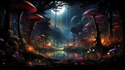 Obraz premium Mystical forest scene with illuminated mushrooms, magical castle, glowing lights, and serene pond reflections.