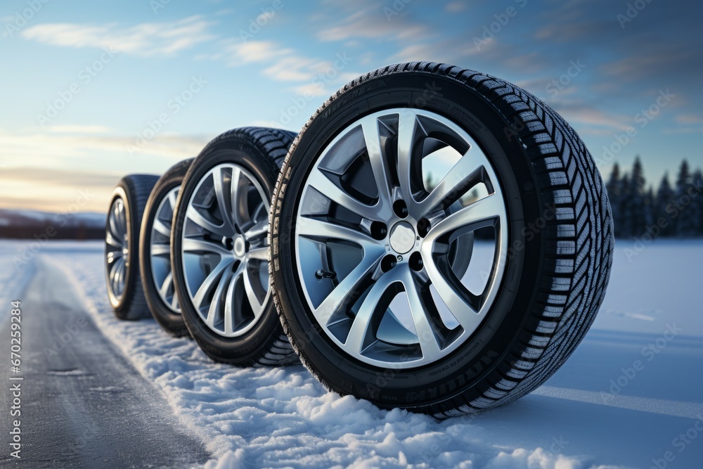 Wall mural New car tires on the snow. Background with selective focus and copy space