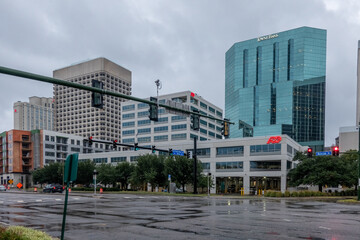Norfolk Virginia city street and skyline views at waterfront on rainy day