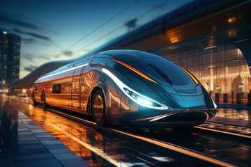 A high-speed train entering a futuristic train station, symbolizing the Concept of rail...
