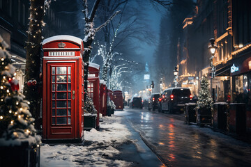 city street in winter, exteriors of houses decorated for Christmas or New Year's holiday, wet,...