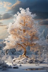 Christmas tree with decoration in a winter forest, at sunset, covered by snow, white, beautiful nature