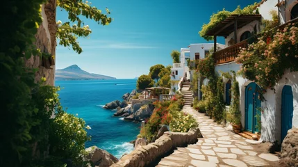 Selbstklebende Fototapeten mediterranean coastal town with ocean view, wanderlust and blue sky © Riverland Studio