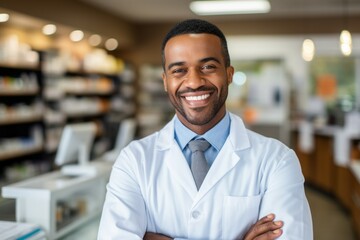 Male pharmacist. Portrait with selective focus and copy space