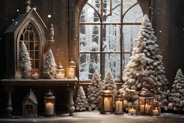 Fototapeta premium interior of house decorated for Christmas or New Year's holiday, gifts, fir tree, winter season