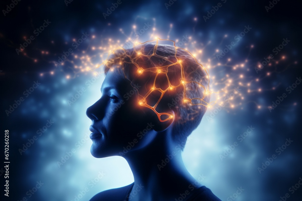 Poster conceptual abstraction of brain neurons. insight concept. portrait with selective focus and copy spa