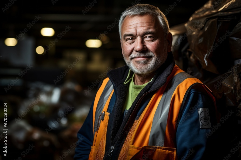 Poster a man at a waste processing plant. garbage collection and disposal. portrait with selective focus an