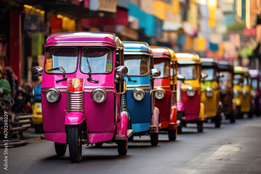 Sticker a row of colorful tuk-tuks navigating the bustling streets of bangkok, representing the concept of u