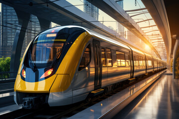 A sleek, electric commuter train speeding through a modern railway station, symbolizing the Concept...