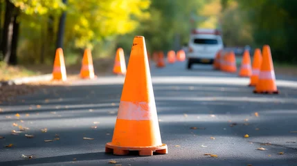 Foto auf Alu-Dibond Construction cones marking part of road with a layer of fresh asphalt. © Prasanth