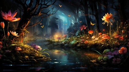 Obraz premium Mystical forest scene with illuminated mushrooms, magical castle, glowing lights, and serene pond reflections.