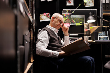 Old police officer working overtime at missing person case, analyzing crime scene evidence. Elderly private detective sitting at desk reading confidential victim files in arhive room