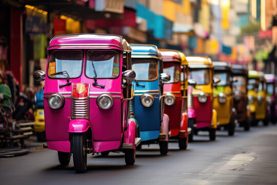 A row of colorful tuk-tuks navigating the bustling streets of Bangkok, representing the Concept of urban transportation in Southeast Asia. Generative Ai.