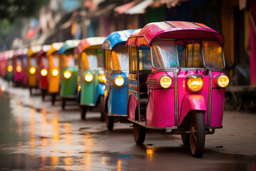 A row of colorful rickshaws waiting for passengers in a lively market, emphasizing the Concept of local transportation services. Generative Ai.