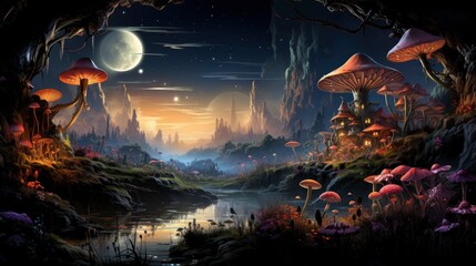 Mystical forest scene with illuminated mushrooms, magical castle, glowing lights, and serene pond reflections. - obrazy, fototapety, plakaty