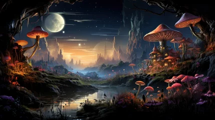 Photo sur Aluminium Forêt des fées Mystical forest scene with illuminated mushrooms, magical castle, glowing lights, and serene pond reflections.