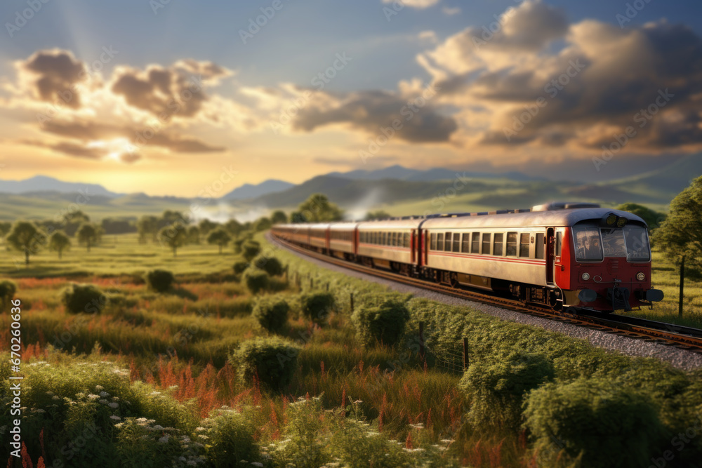 Sticker A passenger train making its way through a picturesque countryside, representing the Concept of scenic rail journeys. Generative Ai.